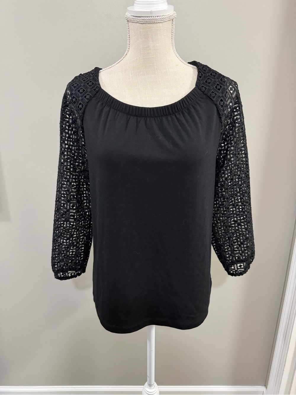 Talbots Black Lace Ponte Top with Crochet Raglan Sleeves. Size M
